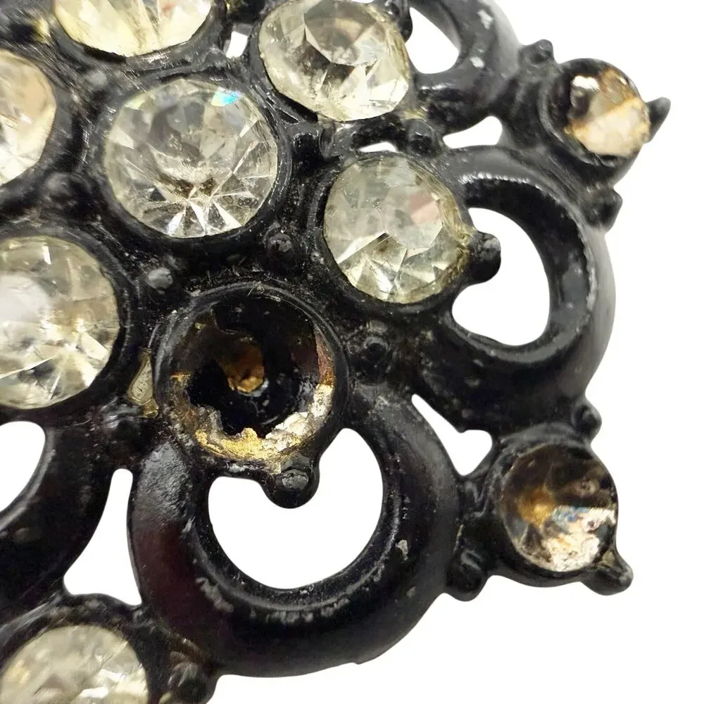 vintage black metal & clear rhinestones BROOCH jewelry pin